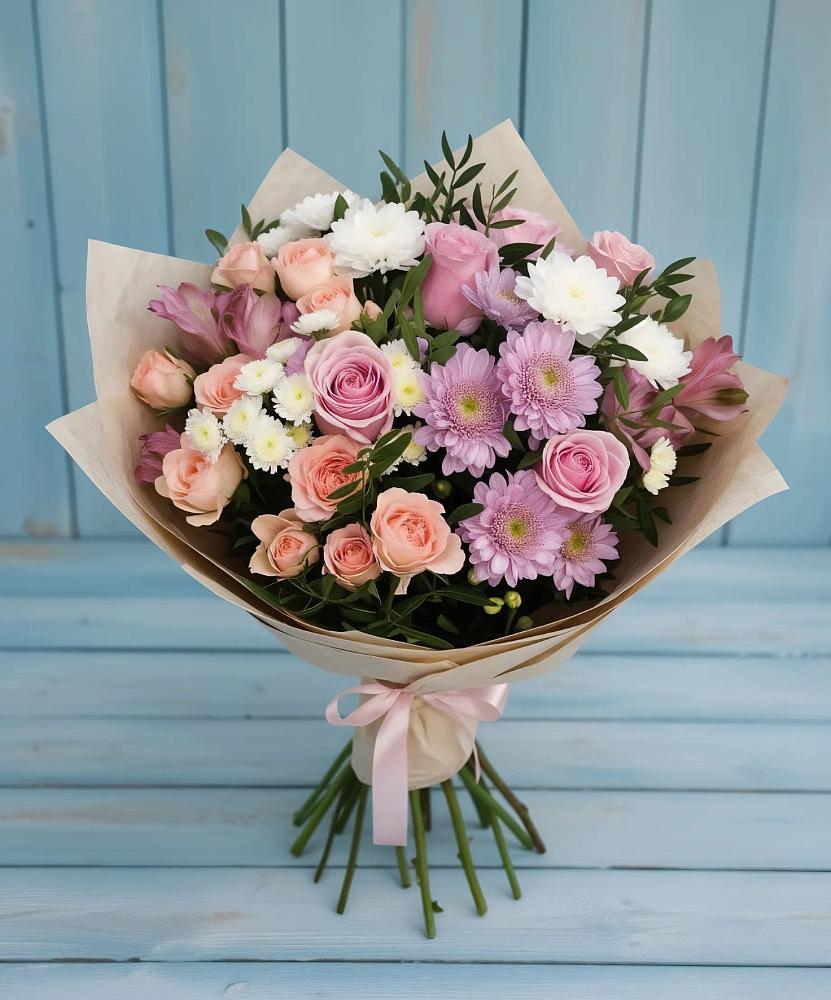 Букет цветов из: Хризантемы, Розы и Альстромерии в Зайково