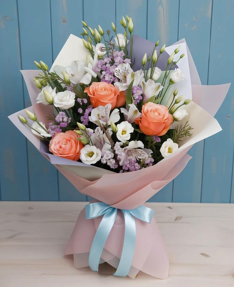 Букет цветов из: Лизиантусы, Розы, Альстромерии и Гипсофила в Зайково