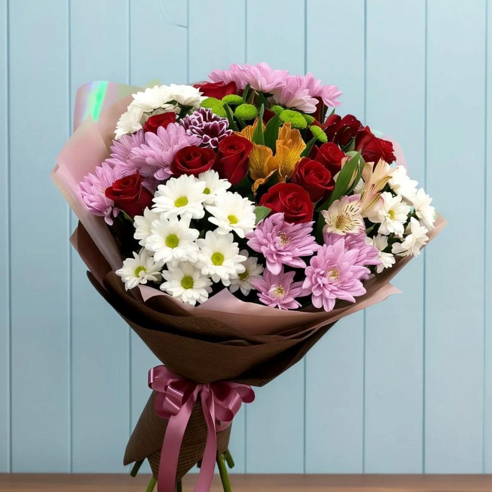 Букет цветов из: Розы, Хризантемы и Альстромерии в Зайково
