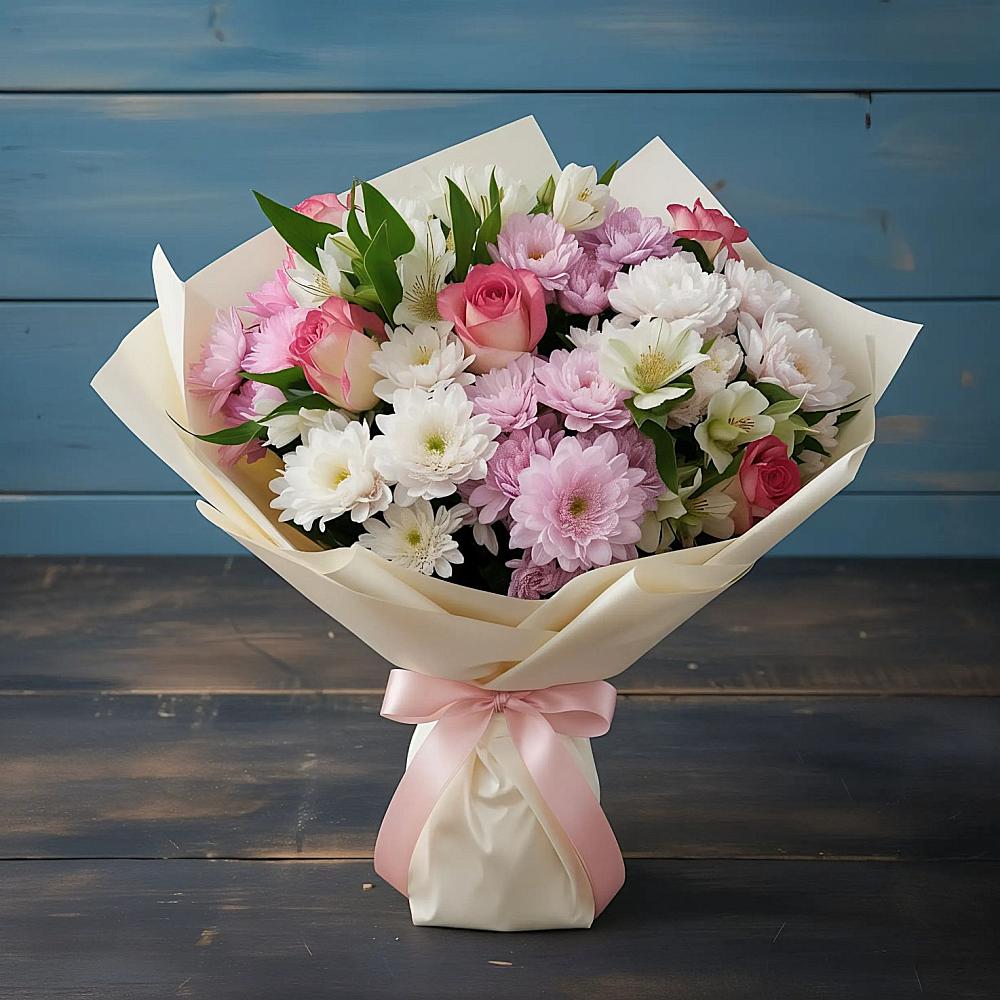 Букет цветов из: Хризантемы, Альстромерии и Розы в Зайково